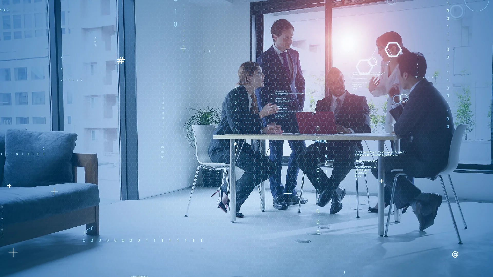Consultants collaborating in a glass-walled meeting room, overlaid with digital network and data graphics
