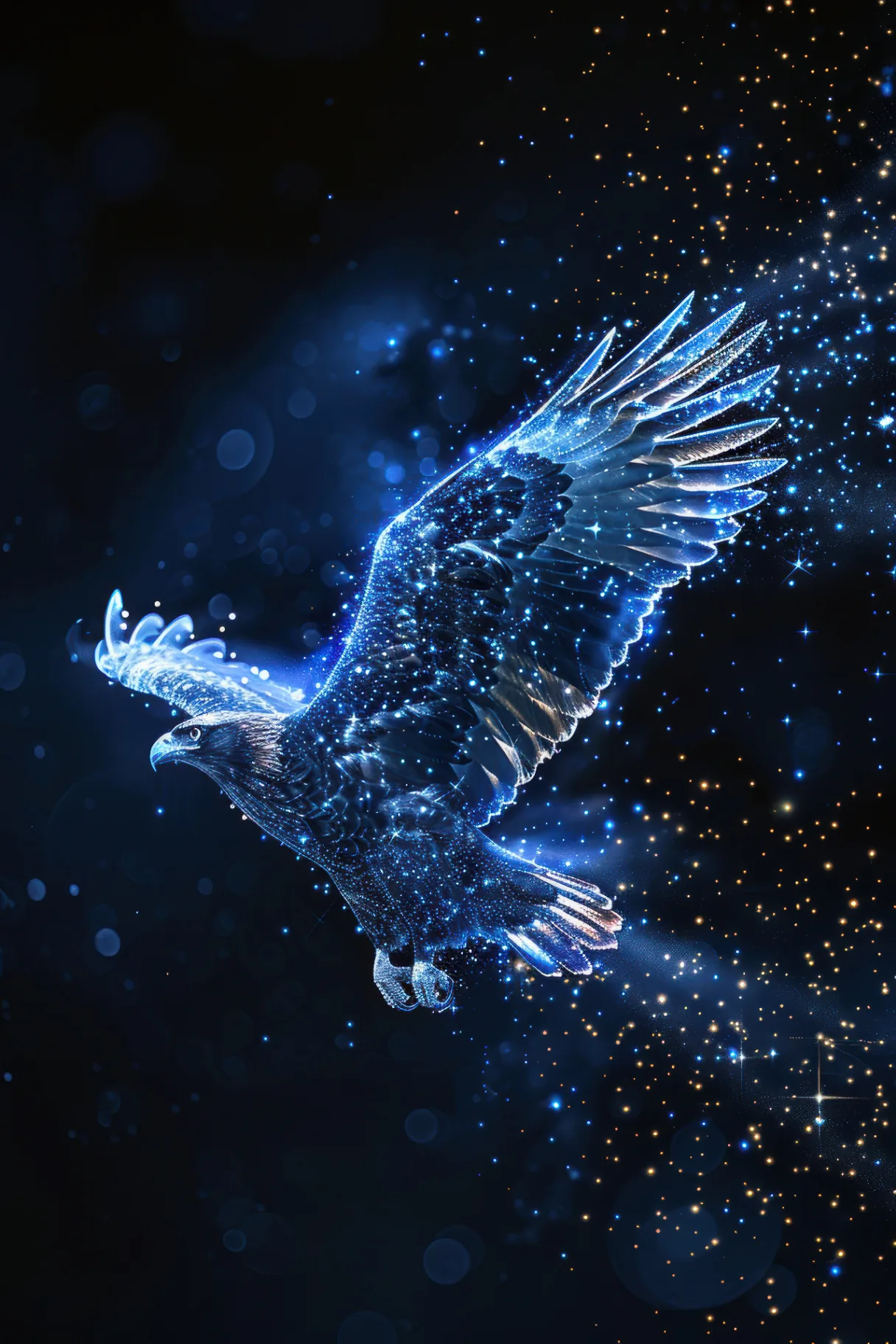 Illustration of an eagle formed from glowing stars and light particles against a night sky