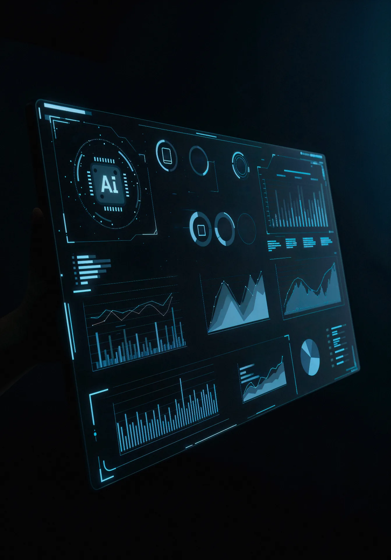 Futuristic tablet screen displaying an AI-powered analytics dashboard with charts and graphs